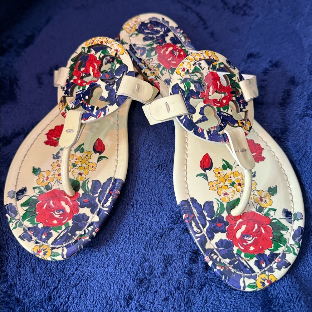 Tory Burch White Floral Cutout Logo Thong Sandals with Red and Blue Flowers